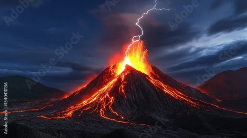 Erupting Volcano Under Lightning Storm: A dramatic image of a volcano erupting with molten lava flowing down its sides, a powerful lightning strike illuminating the scene against a stormy sky.