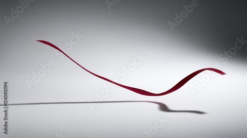 Vibrant red ribbon gracefully curves through air against minimalist gradient gray background, fluid sinuous motion, shadow mimics shape on light surface, glossy texture, neutral backdrop.