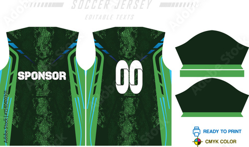 Sport jersey design template with grunge line halftone pattern background. Sport uniform in front & back view. Shirt mock up for sport club.