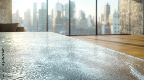 Modern corporate meeting room with minimalist furniture, large panoramic window overlooking urban skyline, clean interior design for professional business presentations and executive conferences




