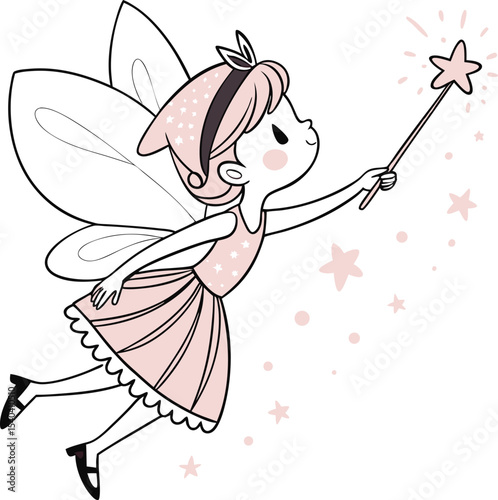  Cute little fairy with magic wand. Cartoon vector illustration isolated on white background.