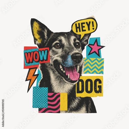 Colorful pop art dog illustration.