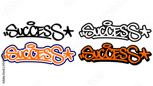 Graffiti tag vector of the word “SUCCESS” in bold street style with orange, black, and white. Includes 4 expressive styles. Great for motivational design, hip hop visuals, and urban artwork.