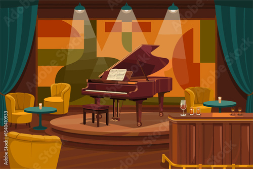 Vector illustration of retro music bar or jazz club interior with piano on stage, green curtain backdrop, bar counter, and two chairs. Vintage nightlife and entertainment scene