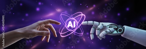 Human and robot hands interacting with artificial intelligence.