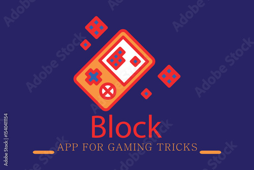 Gaming app banner with dark red "Block" text, orange "App for Gaming" tagline, and red-orange mobile-themed icons on a dark blue background. Perfect for game UI.
