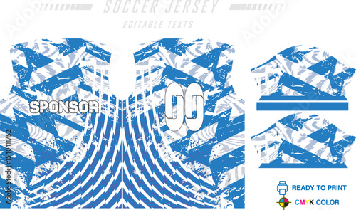 Sport jersey design template with grunge line halftone pattern background. Sport uniform in front & back view. Shirt mock up for sport club.