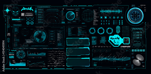 Interactive Futuristic HUD Panel with holograms UI. Cyberpunk dashboard with futuristic user interface HUD, 3D elements, charts, infographics, diagrams, frames. Sci-fi Dashboard. Vector graphic UI set