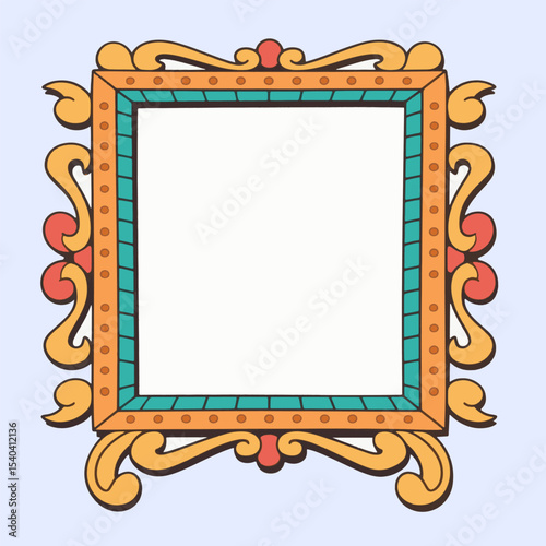 Ornate square frame with decorative swirls and teal accents on a light blue background.