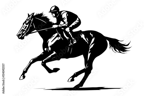 Jockey riding a galloping horse in dynamic black and white silhouette illustration