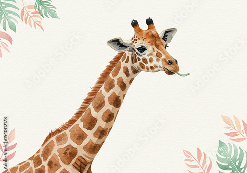 Watercolor Painting of a Giraffe with Tropical Leaves
