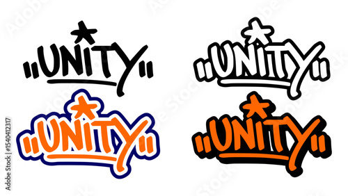Graffiti tag vector of the word “UNITY” in bold street style with orange, black, and white. Includes 4 unique styles. Great for urban artwork, community themes, and hip hop inspired visuals.