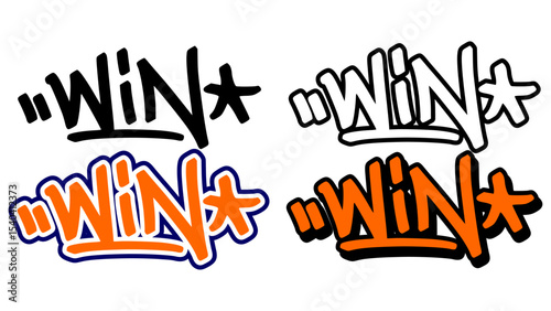 Graffiti tag vector of the word “WIN” in bold street style with orange, black, and white. Features 4 unique styles. Perfect for motivational artwork, hip hop visuals, and urban design themes.