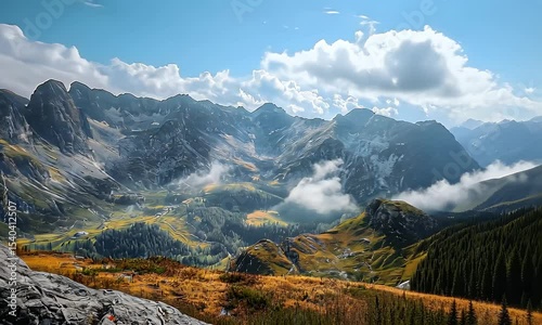 Expansive Mountain Range with Blue Sky and Clouds Scenic Natural Landscape in Sunlight