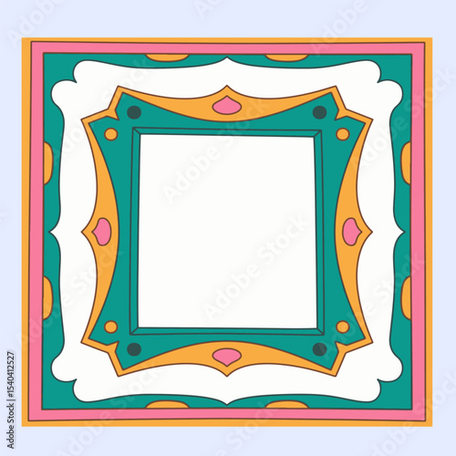 A colorful and ornate square frame with multiple layers and decorative elements.