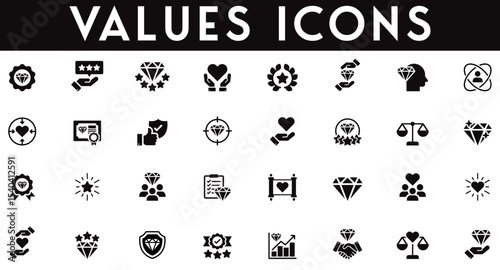 Values Icons set vector illustration with collection of ethics, quality, branding, loyal customer, trademarking, trust, reputation, development, core values, protection, feedback, star rating, focus.