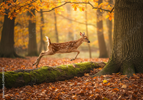 White-tailed Deer Fawn Leaping in Autumn Forest Photo