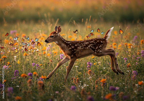 White-tailed Deer Fawn Leaping Through Wildflowers and Butterflies
