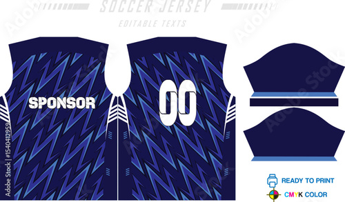 Sport jersey design template with grunge line halftone pattern background. Sport uniform in front & back view. Shirt mock up for sport club.