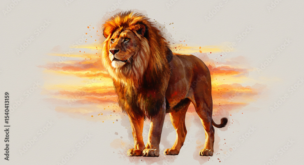 Obraz premium Watercolor Painting of a Majestic African Lion at Sunset