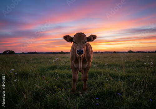 Young Calf in a Field at Sunset Photo