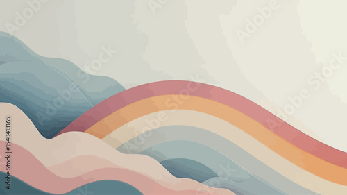 The image is a digital illustration featuring an abstract landscape depicted in soft pastel colors.  The landscape consists of stylized hills or waves in shades of pink, peach, light blue