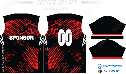 Sport jersey design template with grunge line halftone pattern background. Sport uniform in front & back view. Shirt mock up for sport club.