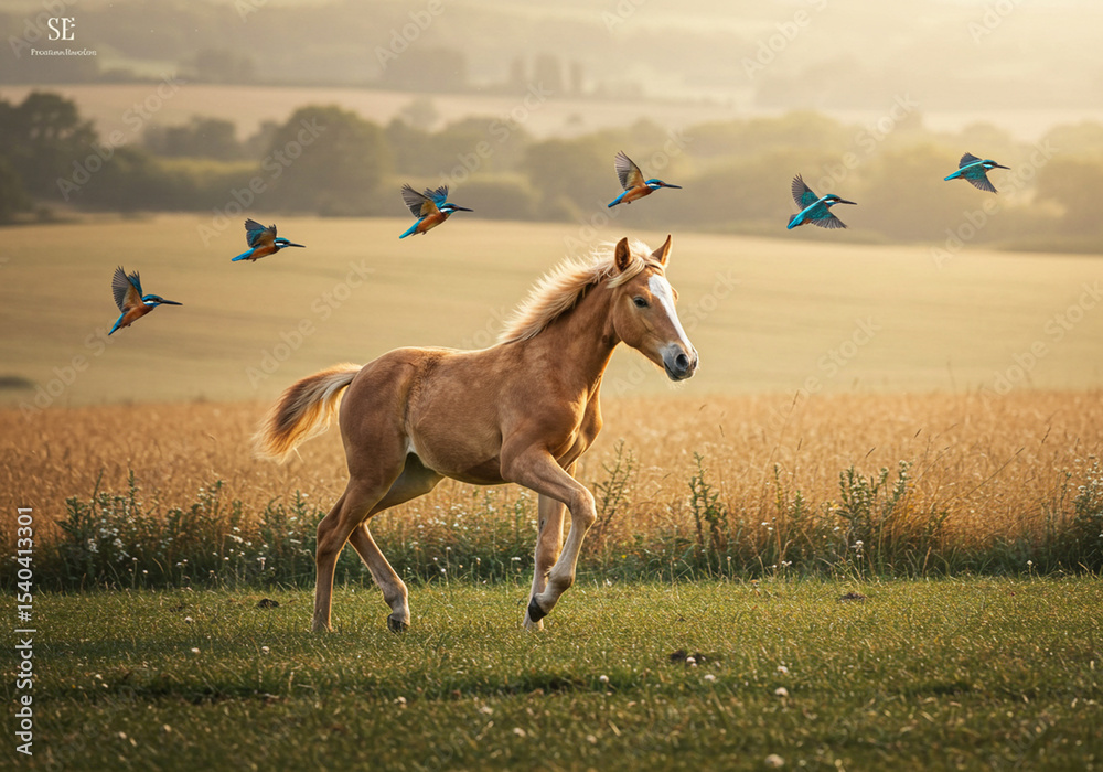 Obraz premium Young Foal Running in Golden Field with Kingfishers in Flight
