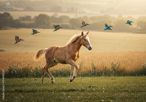 Young Foal Running in Golden Field with Kingfishers in Flight