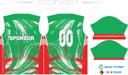 Sport jersey design template with grunge line halftone pattern background. Sport uniform in front & back view. Shirt mock up for sport club.