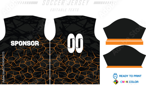 Sport jersey design template with grunge line halftone pattern background. Sport uniform in front & back view. Shirt mock up for sport club.