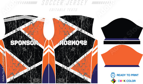 Sport jersey design template with grunge line halftone pattern background. Sport uniform in front & back view. Shirt mock up for sport club.