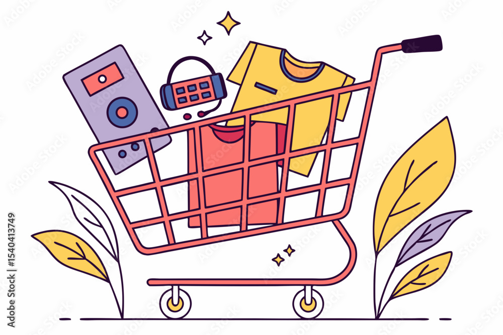 Shopping cart with clothes and electronics