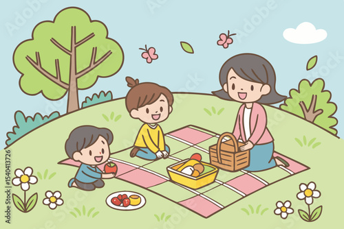 Happy family enjoying a spring picnic in the park