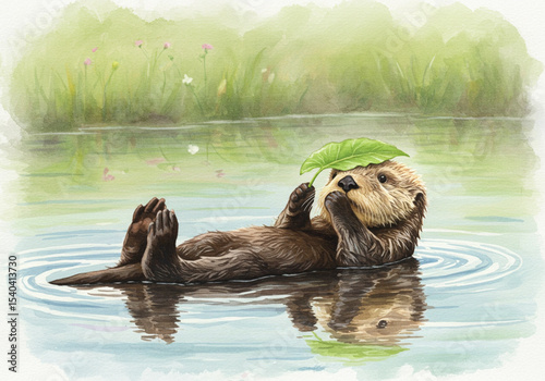Watercolor Painting of an Otter Floating on Water with a Leaf