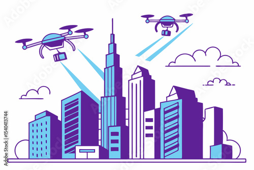 Drone delivery service over modern cityscape