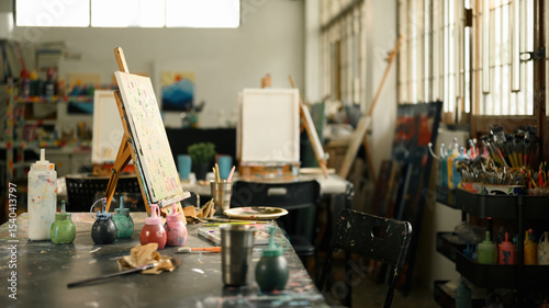 Bild auf Leinwand Creative Art Studio with Painting Supplies and Easels, Artistic Workspace Concep