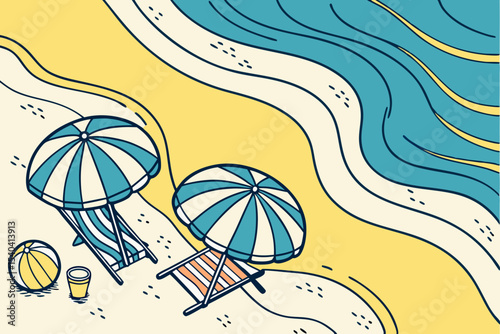 Summer beach scene with umbrellas and beach chairs