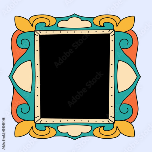 An ornate, colorful picture frame with a blank black center, decorative design.