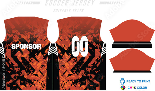 Sport jersey design template with grunge line halftone pattern background. Sport uniform in front & back view. Shirt mock up for sport club.
