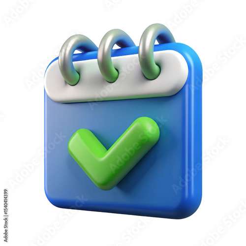 3D blue calendar with green check mark isolated on transparent background