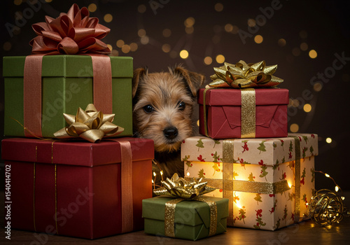 Yorkshire Terrier Puppy Hiding Behind Christmas Presents