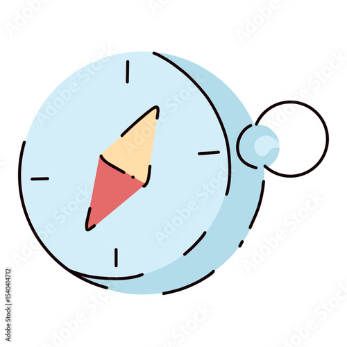 Bright vector compass, find the way in the forest, show the north. Flat cartoon style. Postcard, icon, sticker.