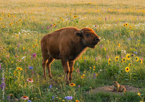 Young Bison and Prairie Dog in Wildflower Meadow Photo