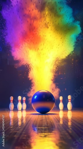 A bowling ball with a rainbow of colors. The bowling ball is surrounded by a colorful explosion of powder