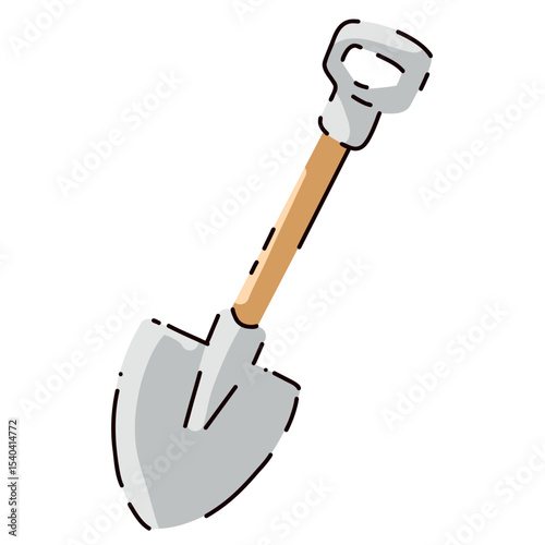 A bright vector shovel, a necessary tool in the forest, dig a fire pit. vivid events, wildlife. Flat cartoon style. Postcard, icon, sticker.