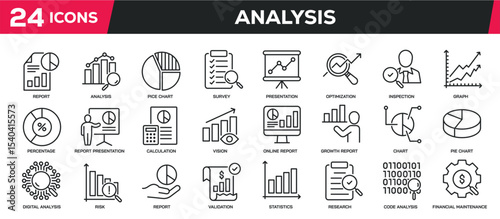 Set of collection line icons related analysis, report, analytic. Editable stroke. Perfect pixel on transparent background