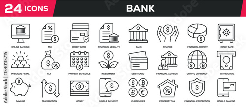 Set of collection line icons related banking, money, finance. Editable stroke. Perfect pixel on transparent background