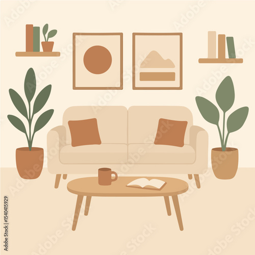 Stylish living room illustration perfect for home decor blogs websites or interior design projects Neutral color palette minimalist aesthetic features a sofa plants books and art.