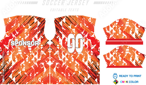 Sport jersey design template with grunge line halftone pattern background. Sport uniform in front & back view. Shirt mock up for sport club.